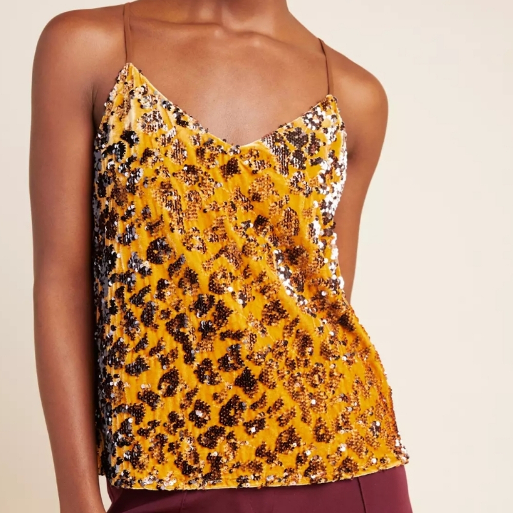 Ro & De Anthropologie Caramel Velvet Sequin Leopard Print Esther Cami